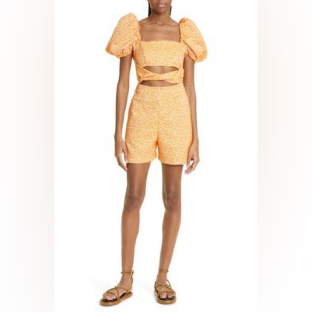 AUTUMN ADEIGBO Liadan Puff Sleeve Cutout Romper in Orange Spot
